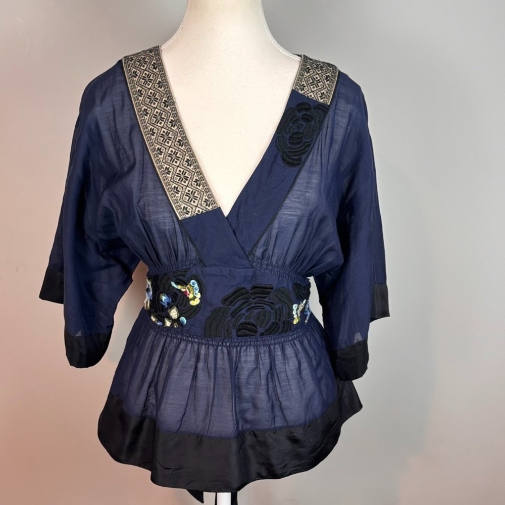 Lithe Anthropologie Womens Cotton/Silk Kimono Boho Embroidered Blouse sz 10